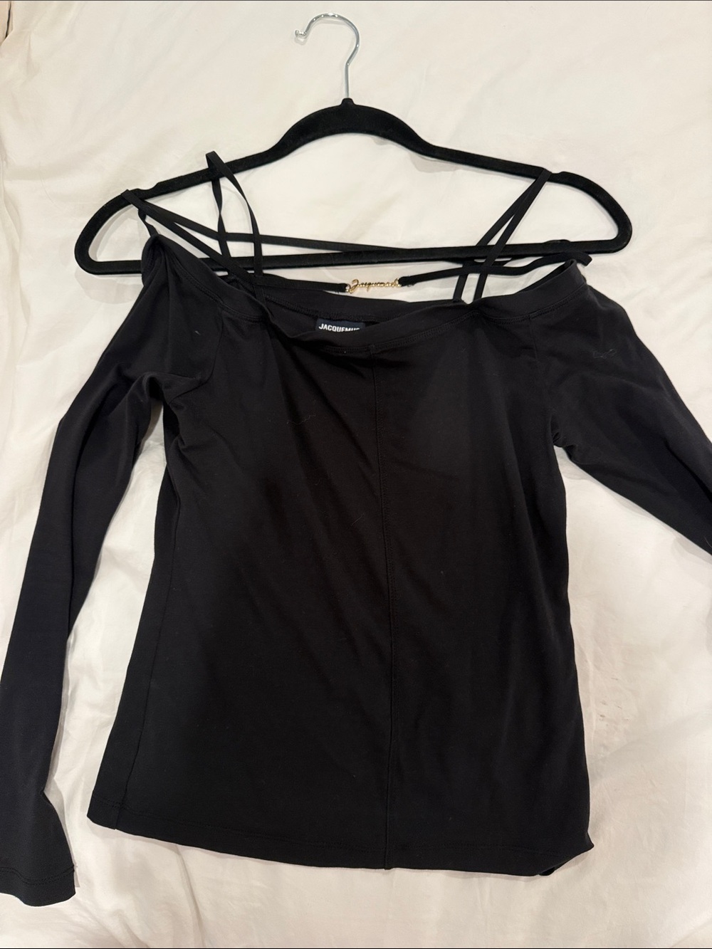 Jacquemus Black Off-Shoulder Long Sleeve Top with Strappy Detail
